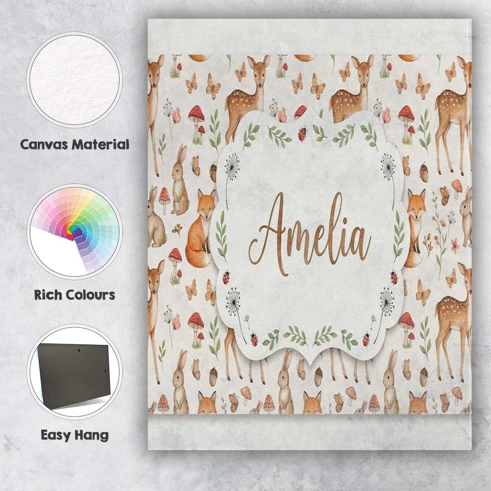 Personalised Name Cute Woodland Animals Custom Modern Room Accent Elegant Feature Canvas Wall Art Print Decor Picture Ready to Hang