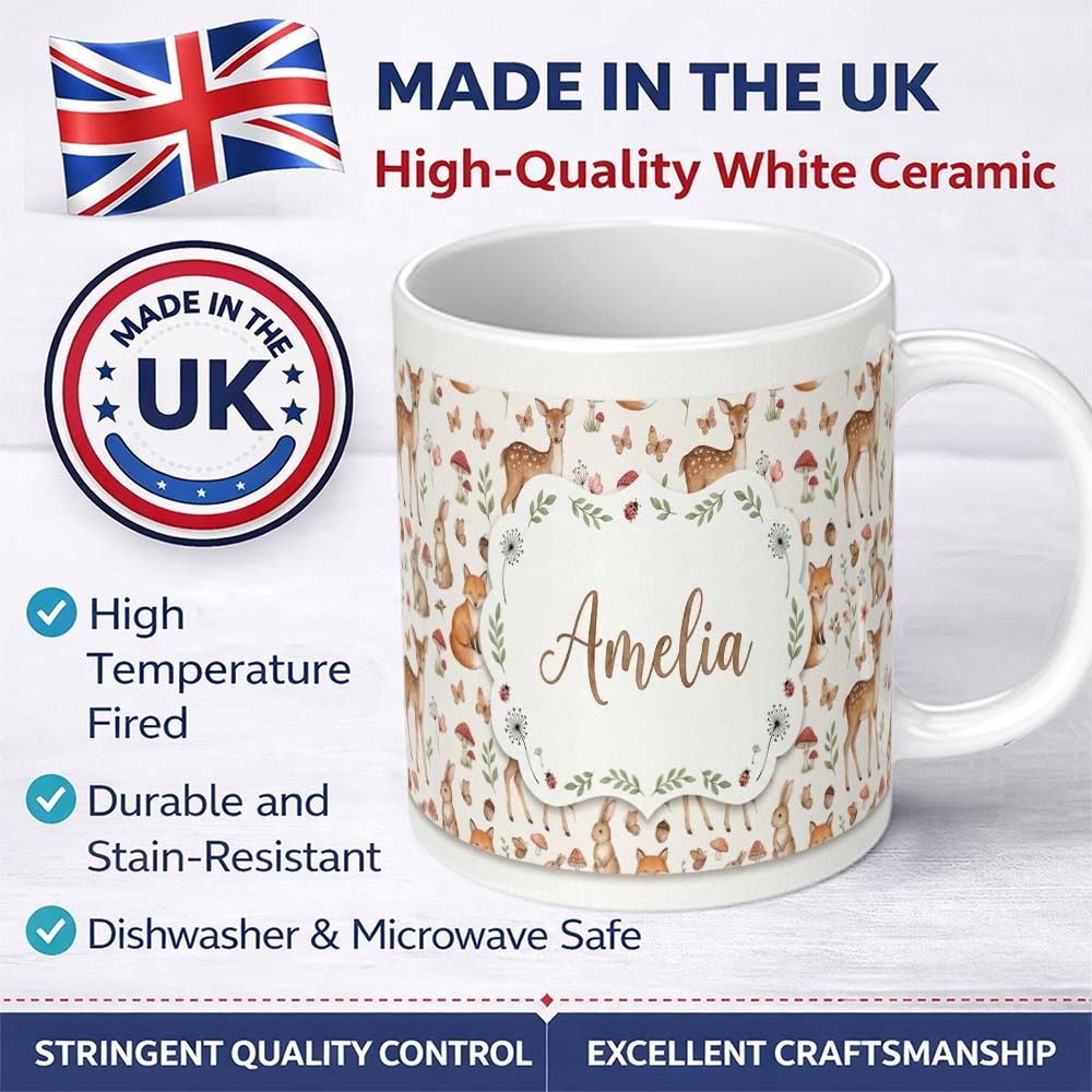 Personalized Custom Name Cute Woodland Animals Rabbit Fox Butterfly Seamless Pattern Cream 11oz Ceramic Coffee Tea Mug White Large Handle