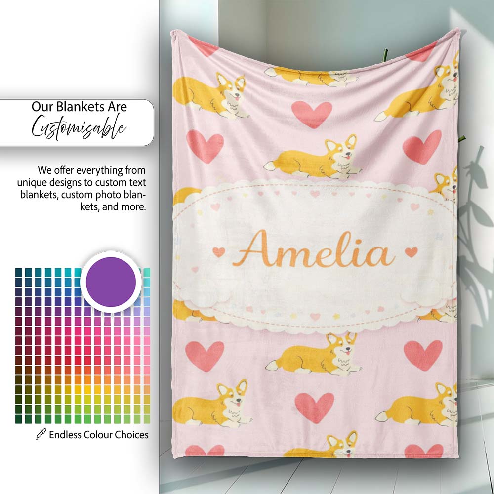 Playful Corgi Dogs Heart Seamless Pattern Perfect Gift for Her Personalised Custom Name Super Soft Fleece Blanket Bed Sofa Throw