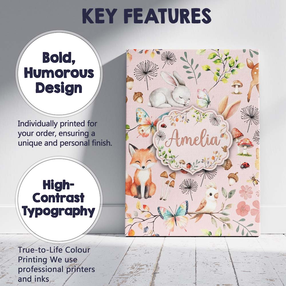 Personalised Name Cute Woodland Animals Custom Modern Room Accent Elegant Feature Canvas Wall Art Print Decor Picture Ready to Hang