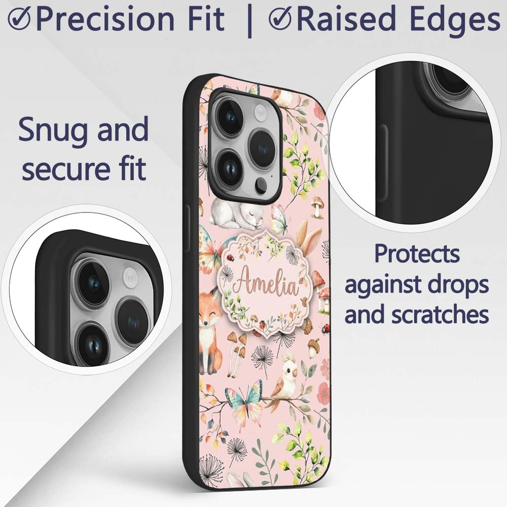 Cute Woodland Animals Rabbit Fox Printed Design Custom Name Protective Phone Case Mobile Cover Durable Everyday Smartphone Shock Resistant