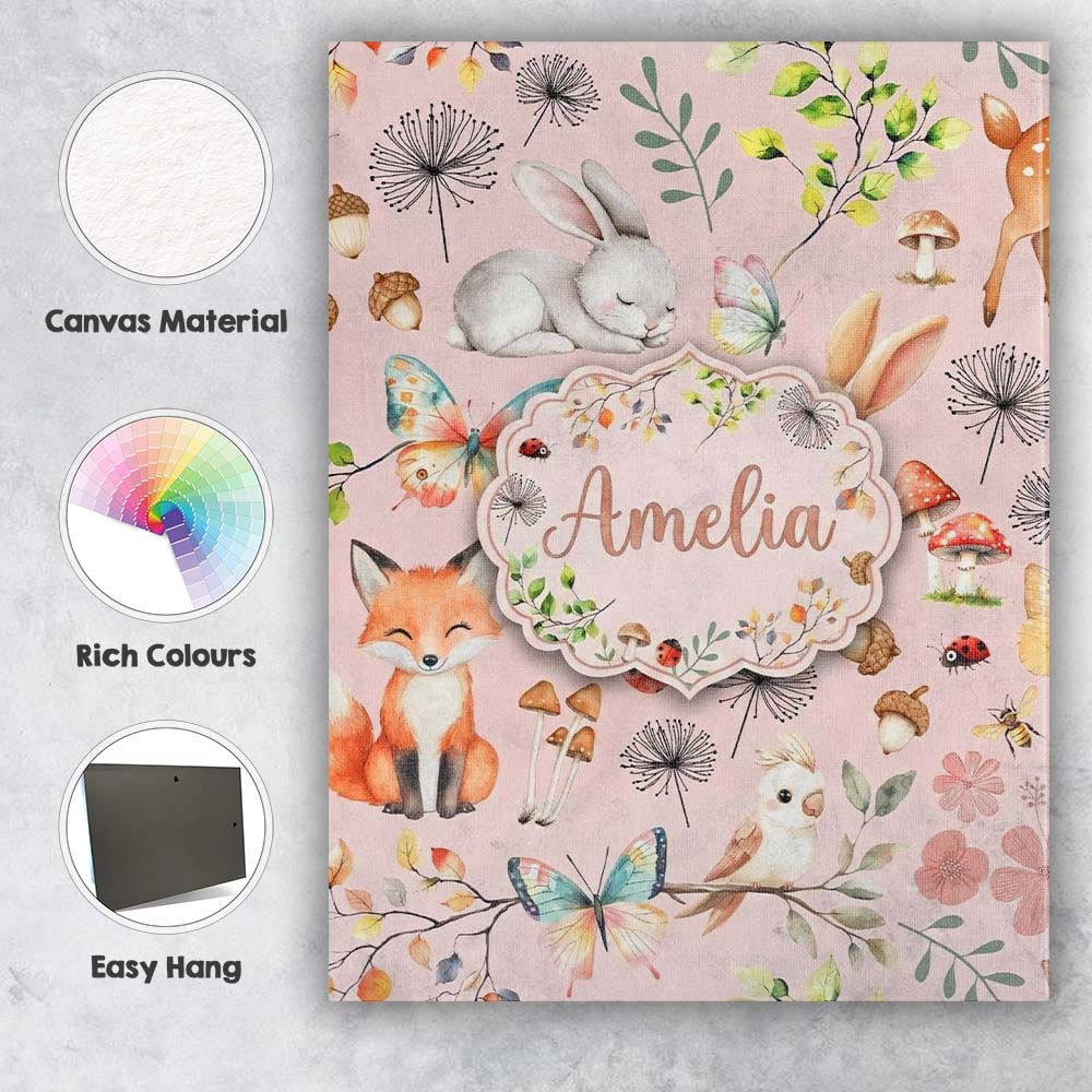 Personalised Name Cute Woodland Animals Custom Modern Room Accent Elegant Feature Canvas Wall Art Print Decor Picture Ready to Hang