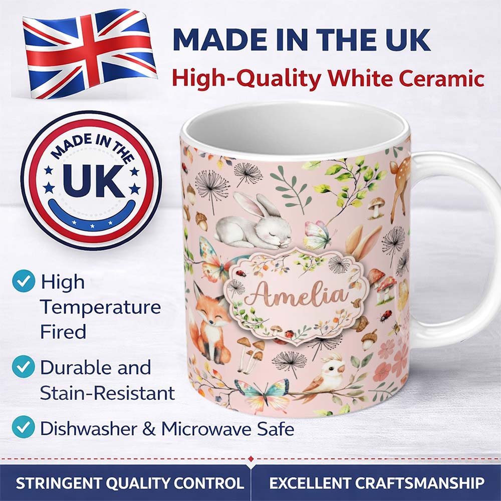 Personalized Custom Name Cute Woodland Animals Rabbit Fox Butterfly Seamless Pattern Blush 11oz Ceramic Coffee Tea Mug White Large Handle
