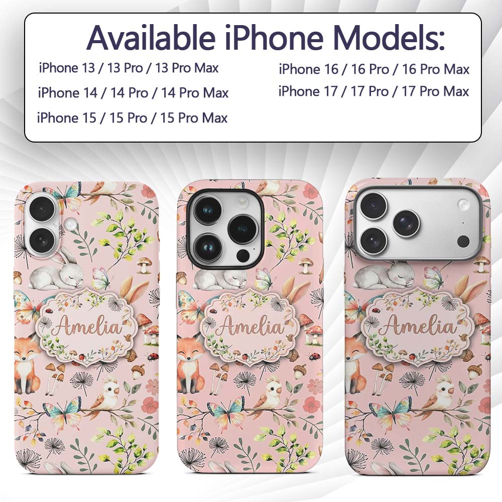 Cute Woodland Animals Rabbit Fox Printed Design Custom Name Protective Phone Case Mobile Cover Durable Everyday Smartphone Shock Resistant