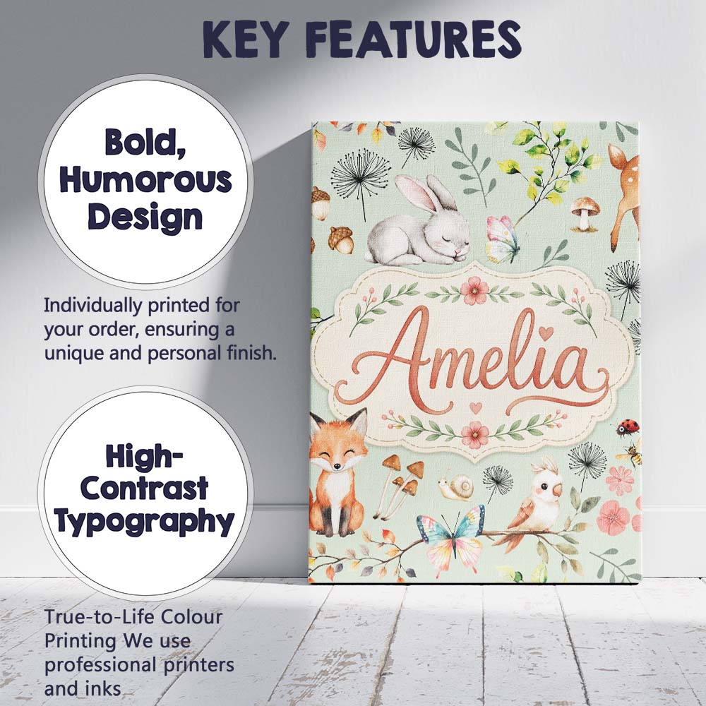Personalised Name Cute Woodland Animals Custom Modern Room Accent Elegant Feature Canvas Wall Art Print Decor Picture Ready to Hang
