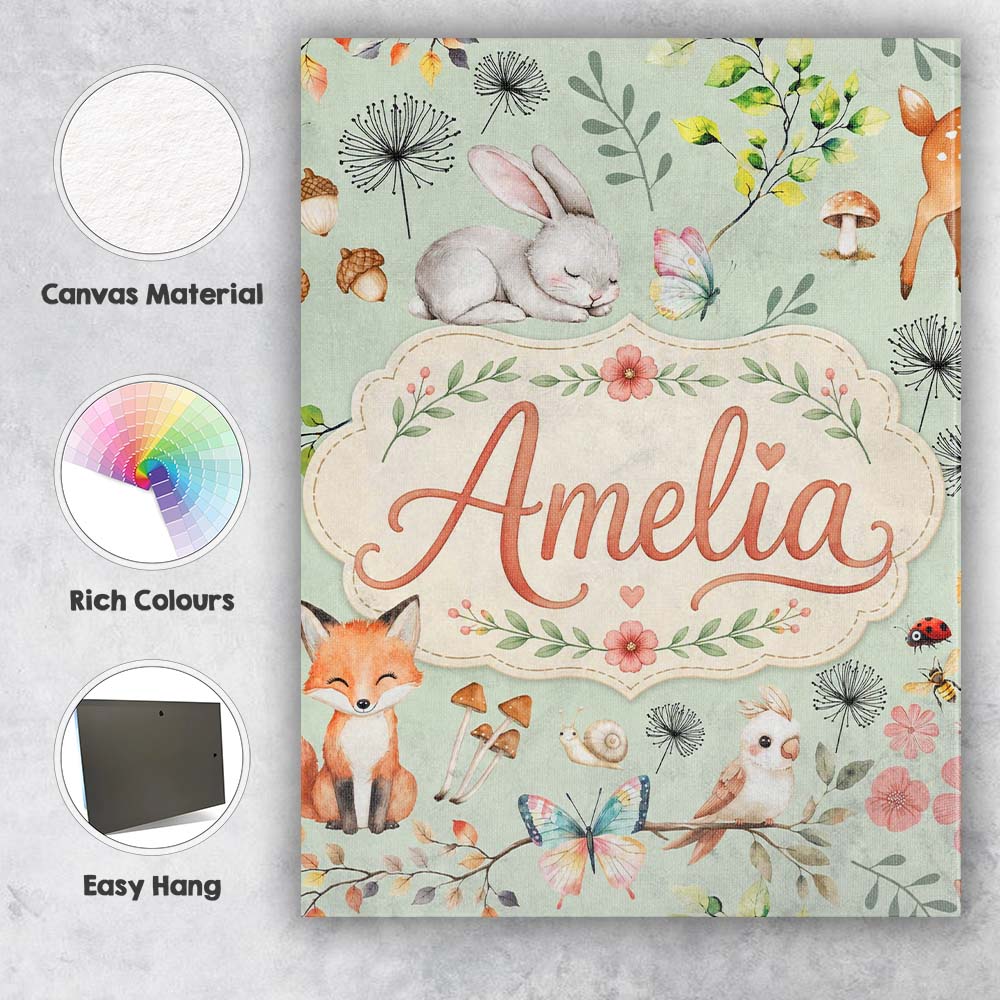Personalised Name Cute Woodland Animals Custom Modern Room Accent Elegant Feature Canvas Wall Art Print Decor Picture Ready to Hang