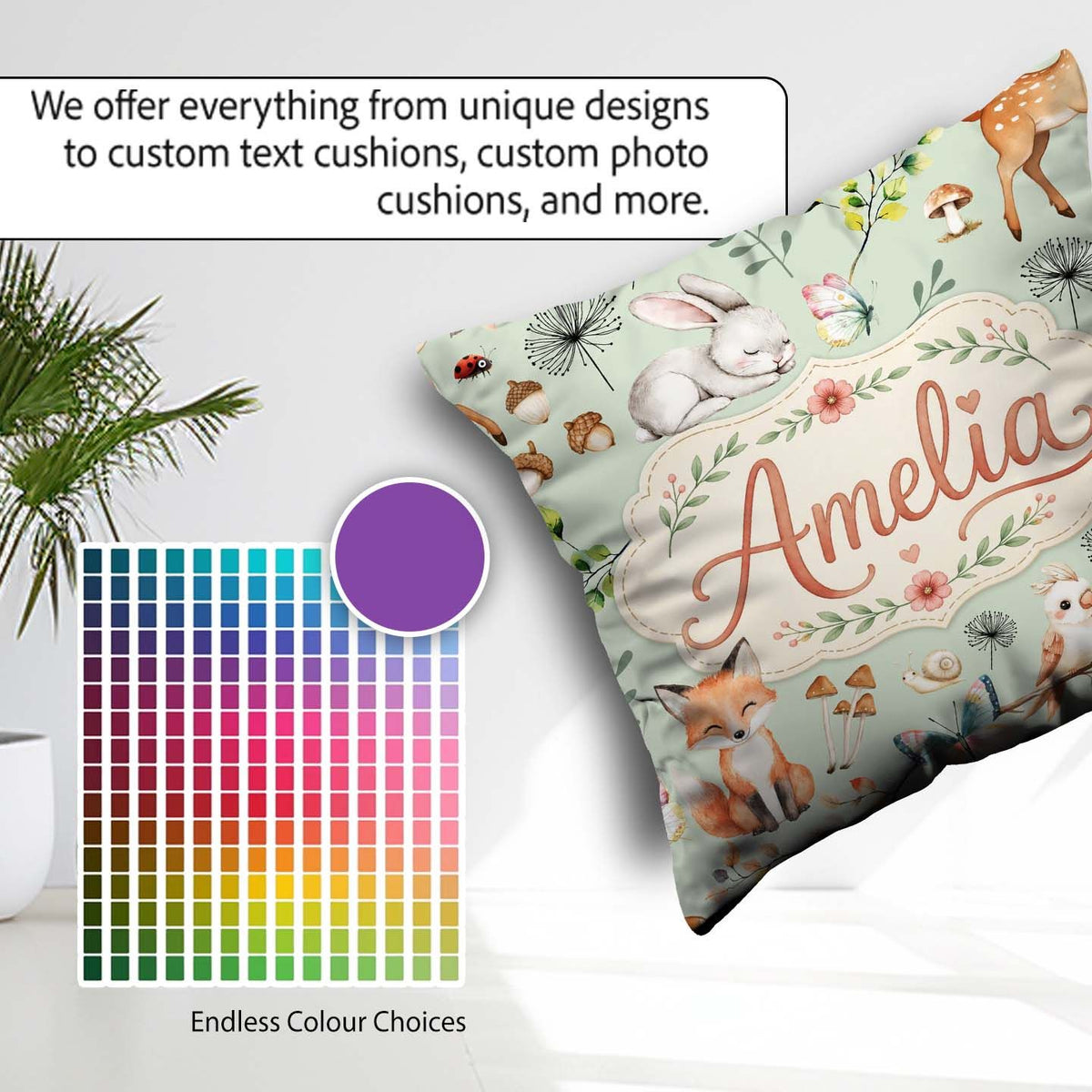Custom Name Woodland Animals Fox Butterfly Seamless Pattern Sage Square Filled Cushion Throw Pillow Sofa Bed Home Decor Zip Washable UK Made