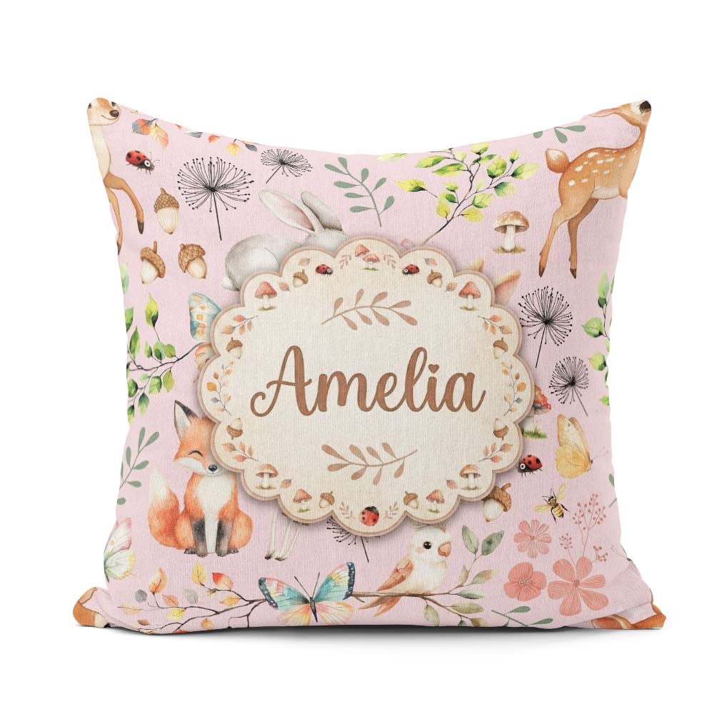 Custom Name Woodland Animals Fox Butterfly Seamless Pattern Soft Square Filled Cushion Throw Pillow Sofa Bed Home Decor Zip Washable UK Made