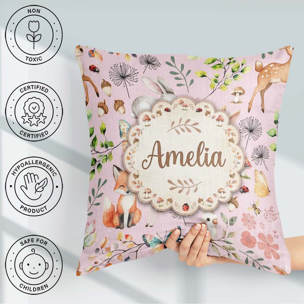 Custom Name Woodland Animals Fox Butterfly Seamless Pattern Soft Square Filled Cushion Throw Pillow Sofa Bed Home Decor Zip Washable UK Made