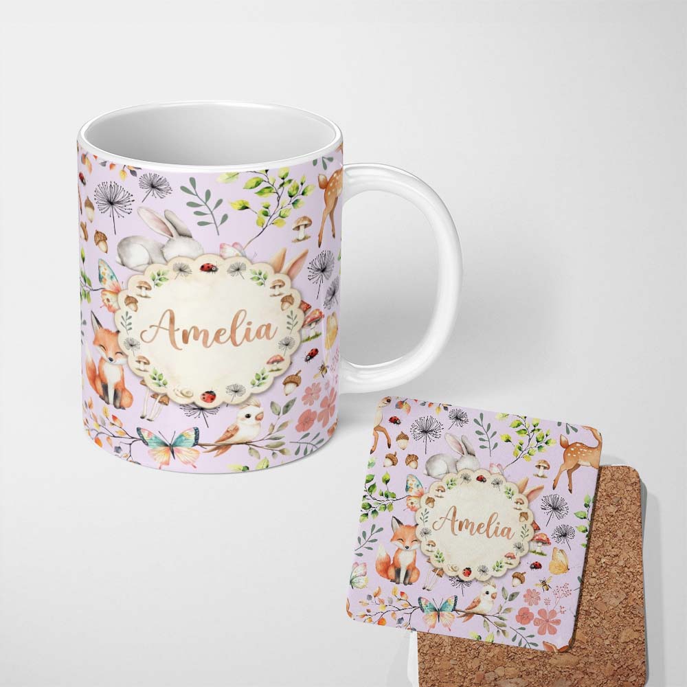 Personalized Custom Name Cute Woodland Animals Rabbit Fox Butterfly Seamless Pattern 11oz Ceramic Coffee Tea Mug White Large Handle