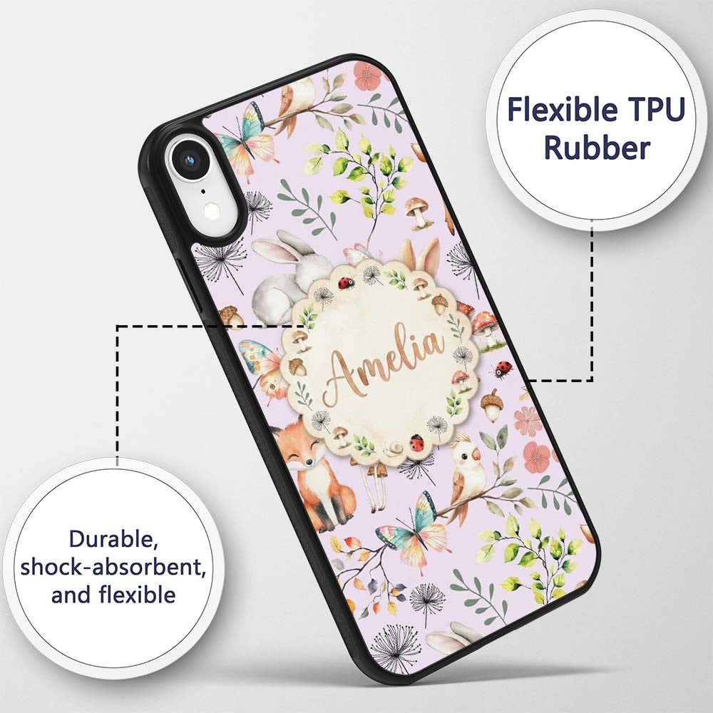 Cute Woodland Animals Rabbit Fox Printed Design Custom Name Protective Phone Case Mobile Cover Durable Everyday Smartphone Shock Resistant