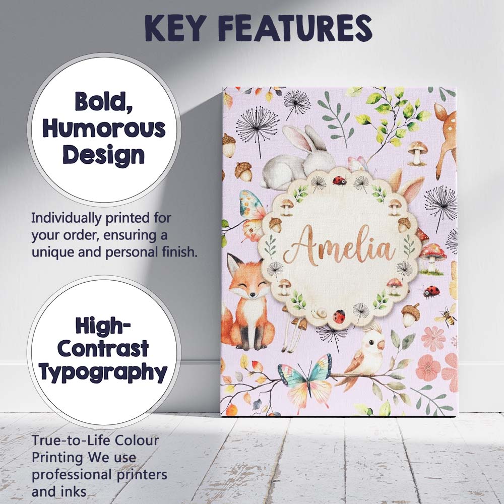 Personalised Name Cute Woodland Animals Custom Modern Room Accent Elegant Feature Canvas Wall Art Print Decor Picture Ready to Hang