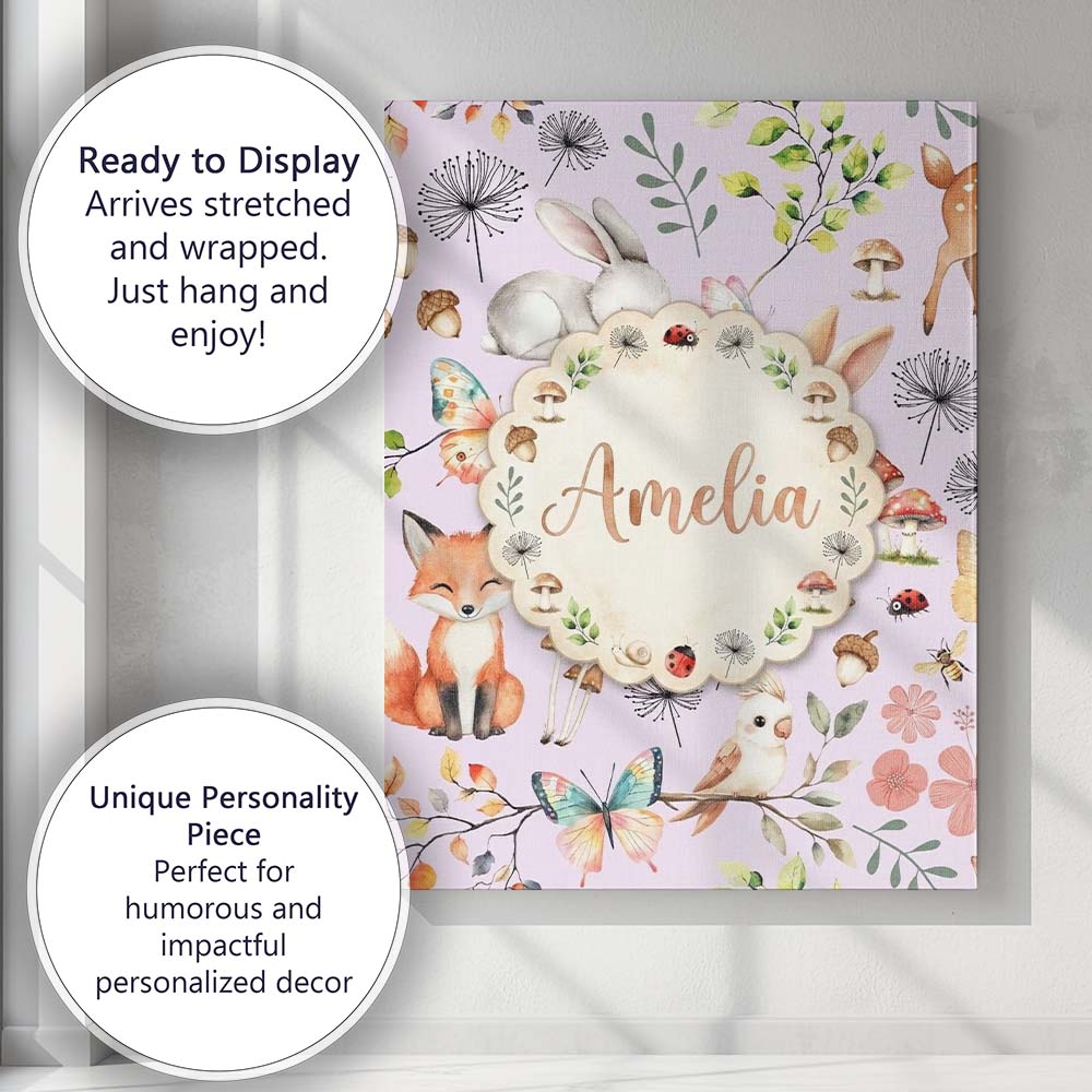 Personalised Name Cute Woodland Animals Custom Modern Room Accent Elegant Feature Canvas Wall Art Print Decor Picture Ready to Hang
