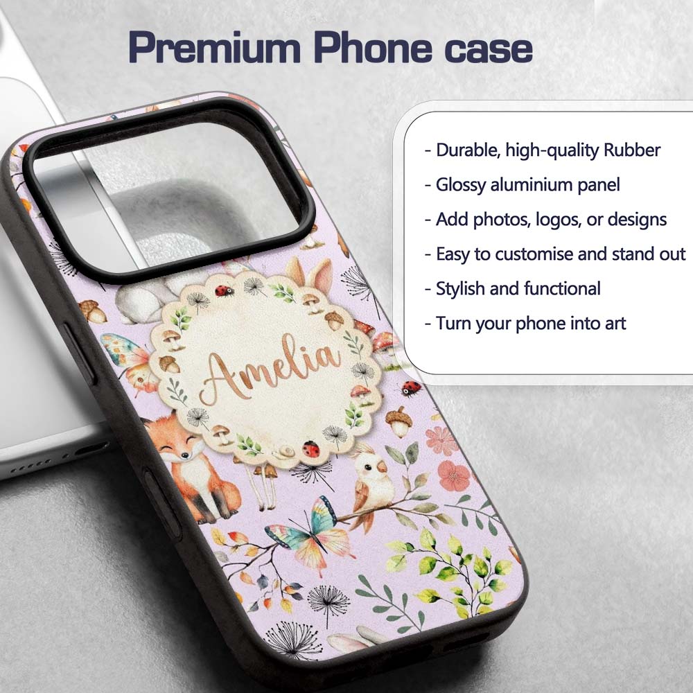 Cute Woodland Animals Rabbit Fox Printed Design Custom Name Protective Phone Case Mobile Cover Durable Everyday Smartphone Shock Resistant