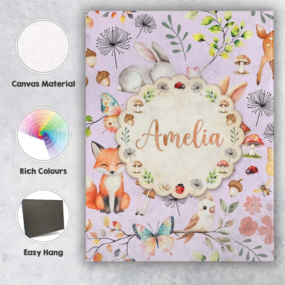 Personalised Name Cute Woodland Animals Custom Modern Room Accent Elegant Feature Canvas Wall Art Print Decor Picture Ready to Hang
