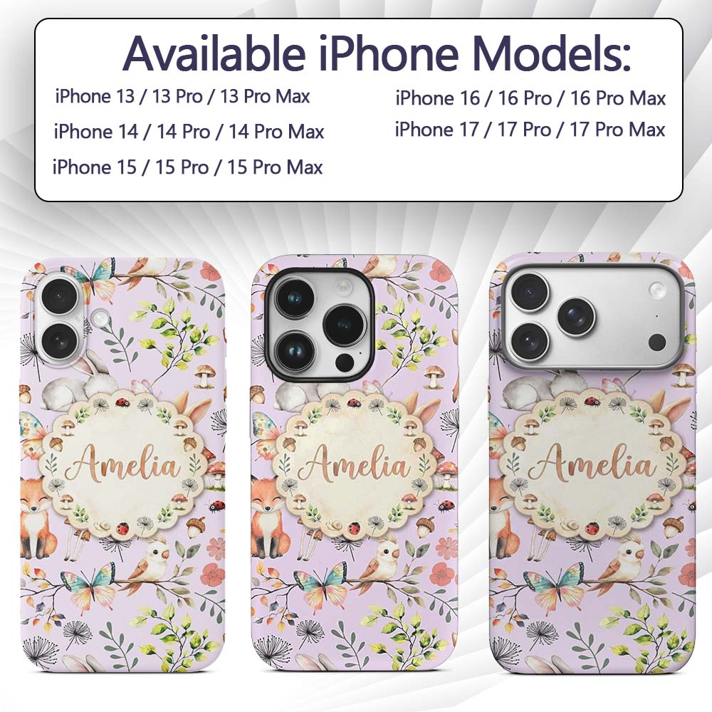 Cute Woodland Animals Rabbit Fox Printed Design Custom Name Protective Phone Case Mobile Cover Durable Everyday Smartphone Shock Resistant