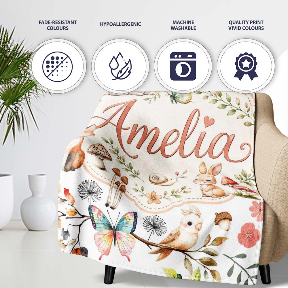 Cute Woodland Animals Rabbit Fox Butterfly Seamless Pattern Grey Personalised Custom Name Super Soft Fleece Blanket Bed Sofa Throw
