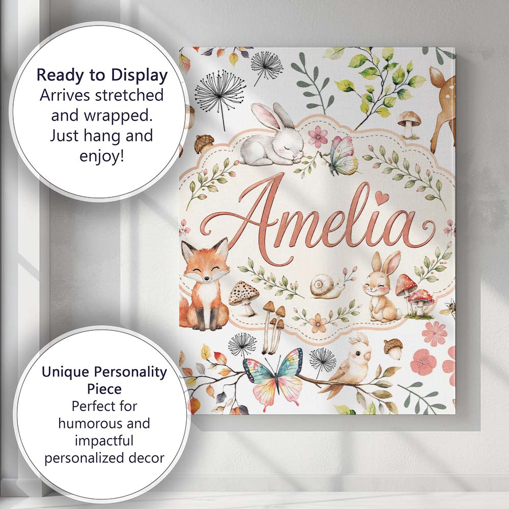 Personalised Name Cute Woodland Animals Custom Modern Room Accent Elegant Feature Canvas Wall Art Print Decor Picture Ready to Hang