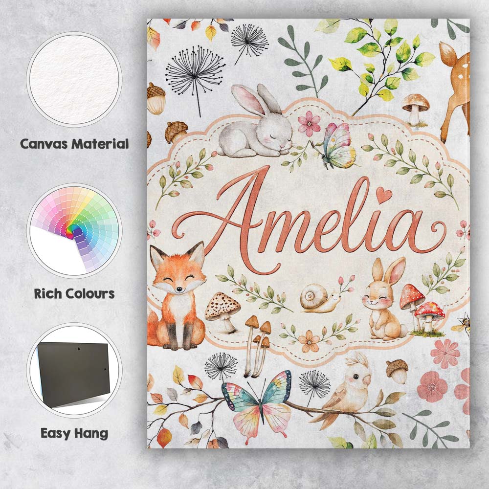 Personalised Name Cute Woodland Animals Custom Modern Room Accent Elegant Feature Canvas Wall Art Print Decor Picture Ready to Hang