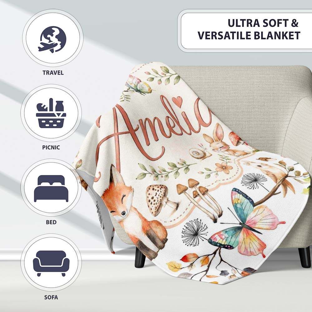 Cute Woodland Animals Rabbit Fox Butterfly Seamless Pattern Grey Personalised Custom Name Super Soft Fleece Blanket Bed Sofa Throw