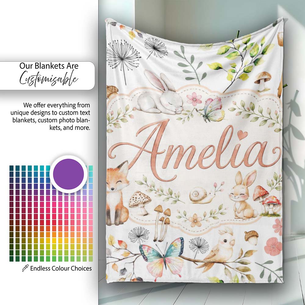 Cute Woodland Animals Rabbit Fox Butterfly Seamless Pattern Grey Personalised Custom Name Super Soft Fleece Blanket Bed Sofa Throw