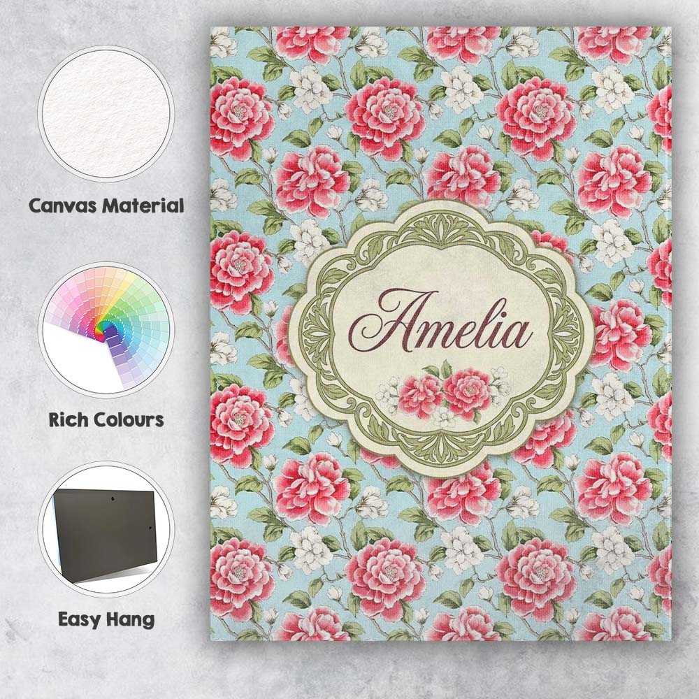 Personalised Name Pink and Red Rose Garden Floral Seamless Pattern Custom Unique Canvas Wall Art Print Decor Picture Ready to Hang