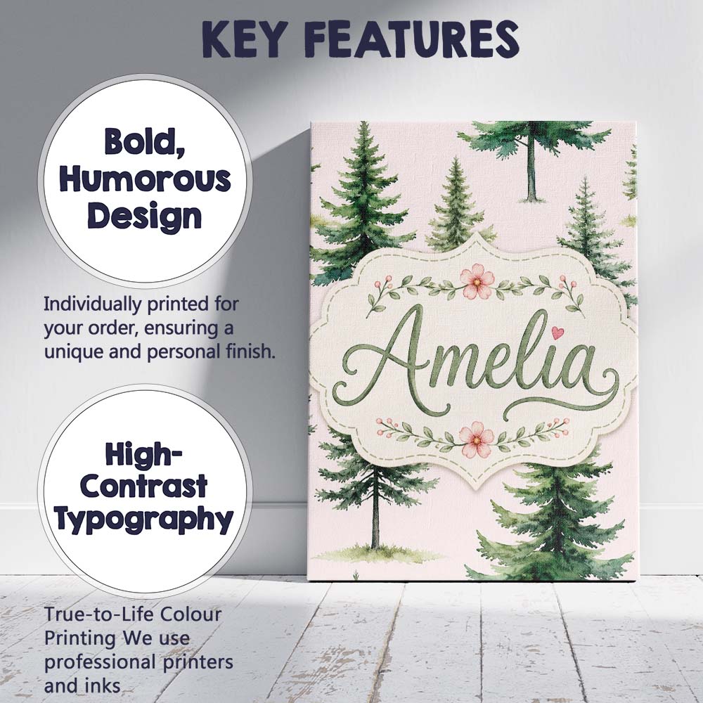 Personalised Name Watercolor Pine Tree Custom Modern Room Accent Elegant Feature Canvas Wall Art Print Decor Picture Ready to Hang