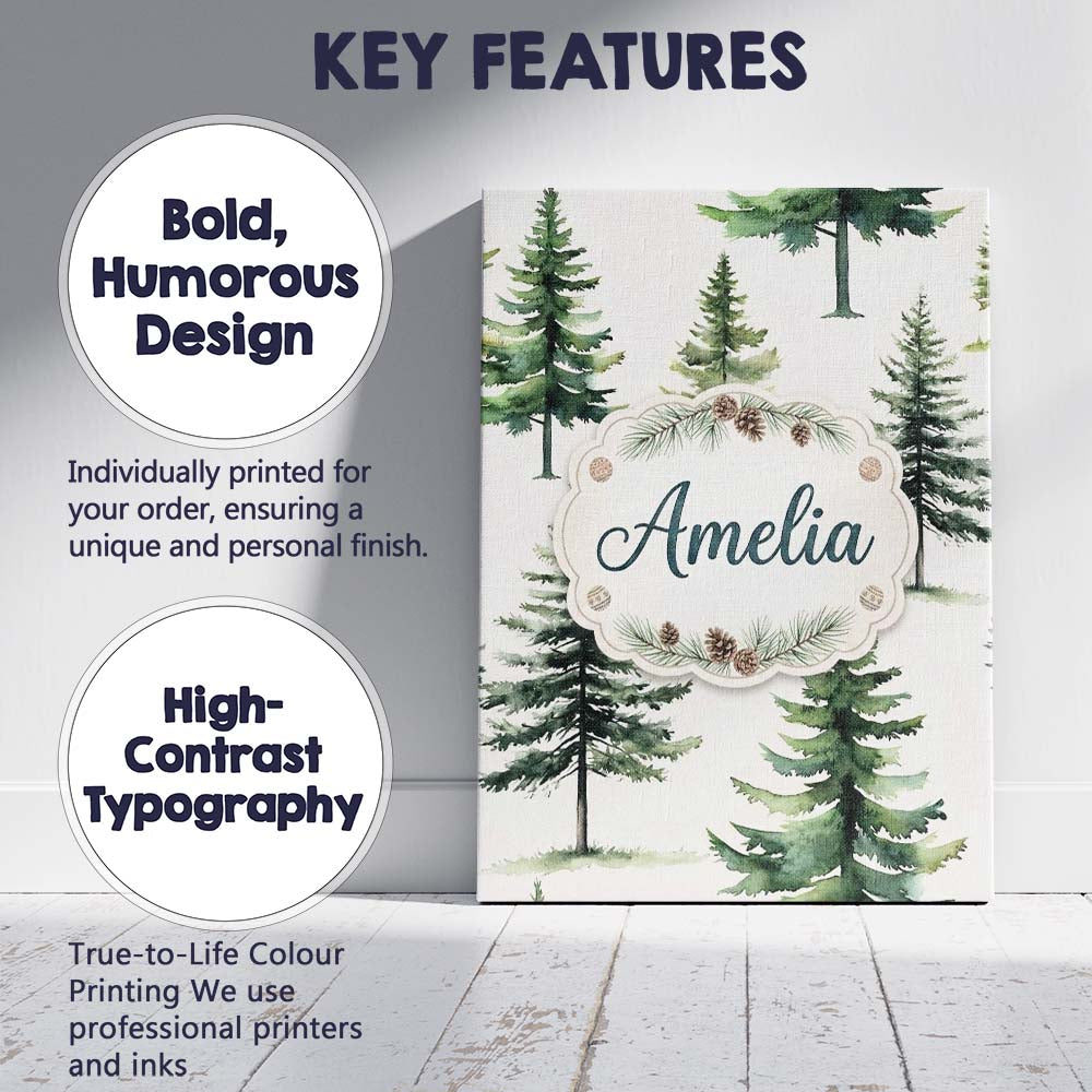Personalised Name Watercolor Pine Tree Custom Modern Room Accent Elegant Feature Canvas Wall Art Print Decor Picture Ready to Hang
