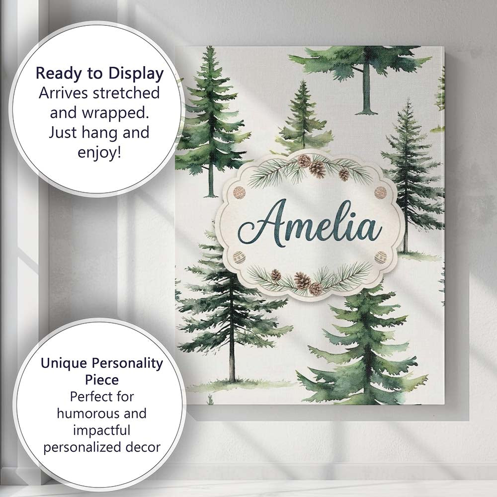 Personalised Name Watercolor Pine Tree Custom Modern Room Accent Elegant Feature Canvas Wall Art Print Decor Picture Ready to Hang
