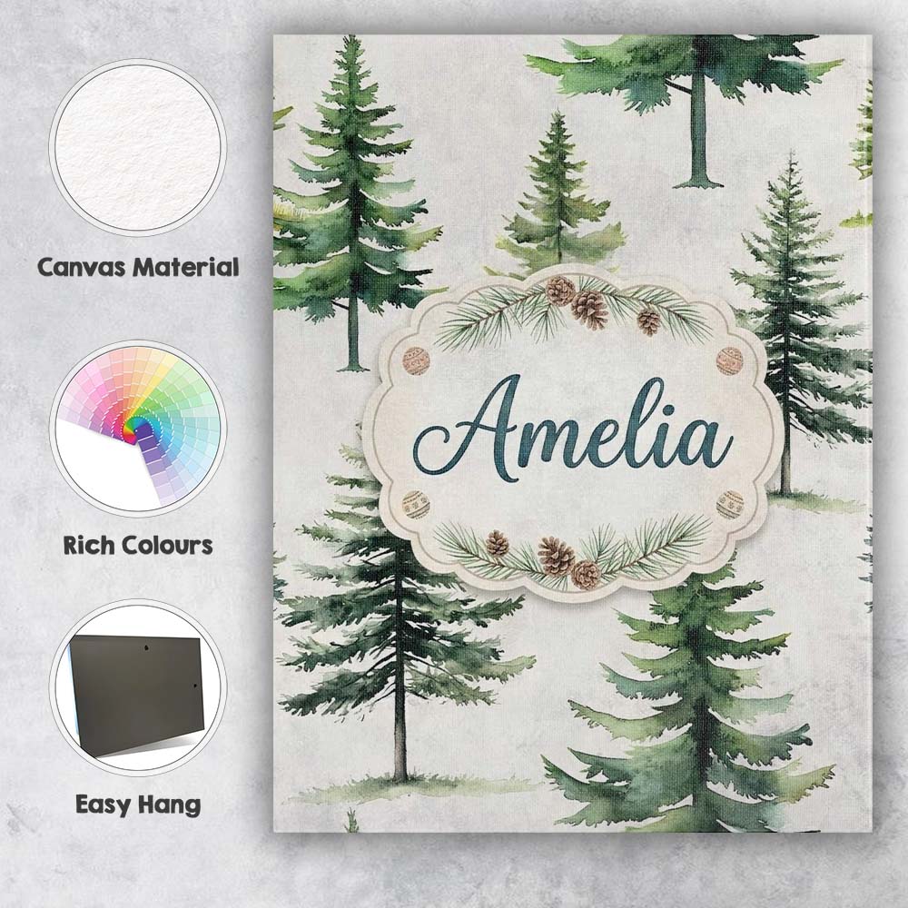 Personalised Name Watercolor Pine Tree Custom Modern Room Accent Elegant Feature Canvas Wall Art Print Decor Picture Ready to Hang