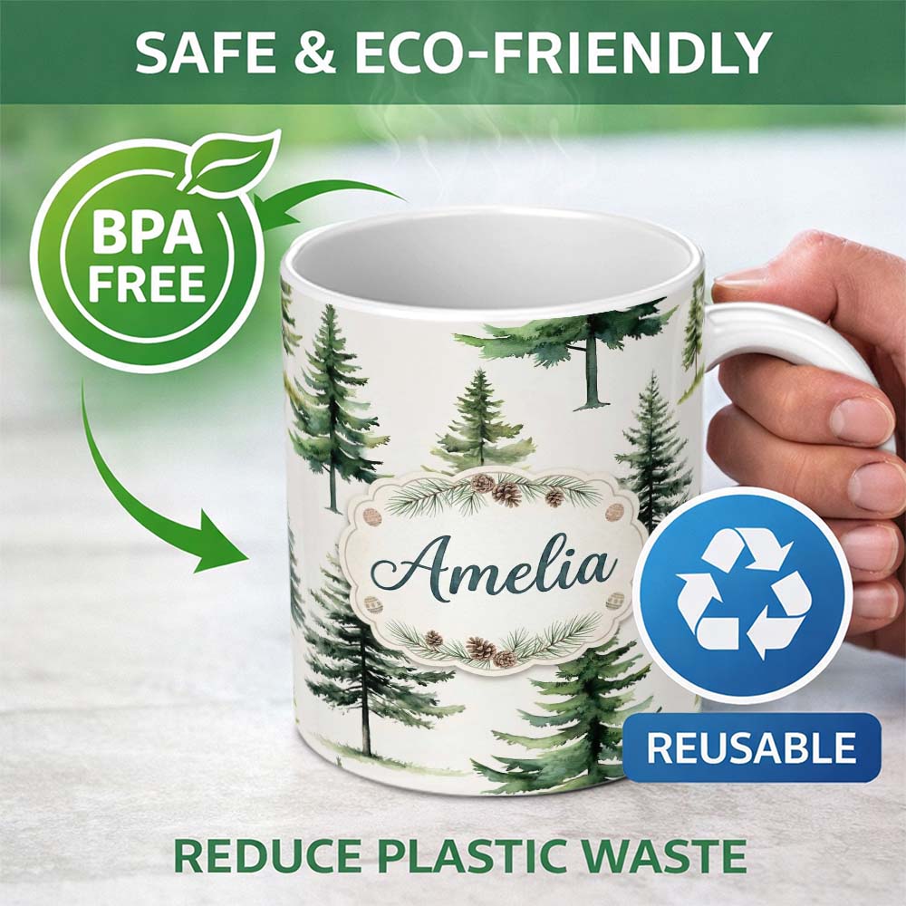 Personalized Custom Name Watercolor Pine Tree Forest Seamless Pattern Neutral Background 11oz Ceramic Coffee Tea Mug White Large Handle