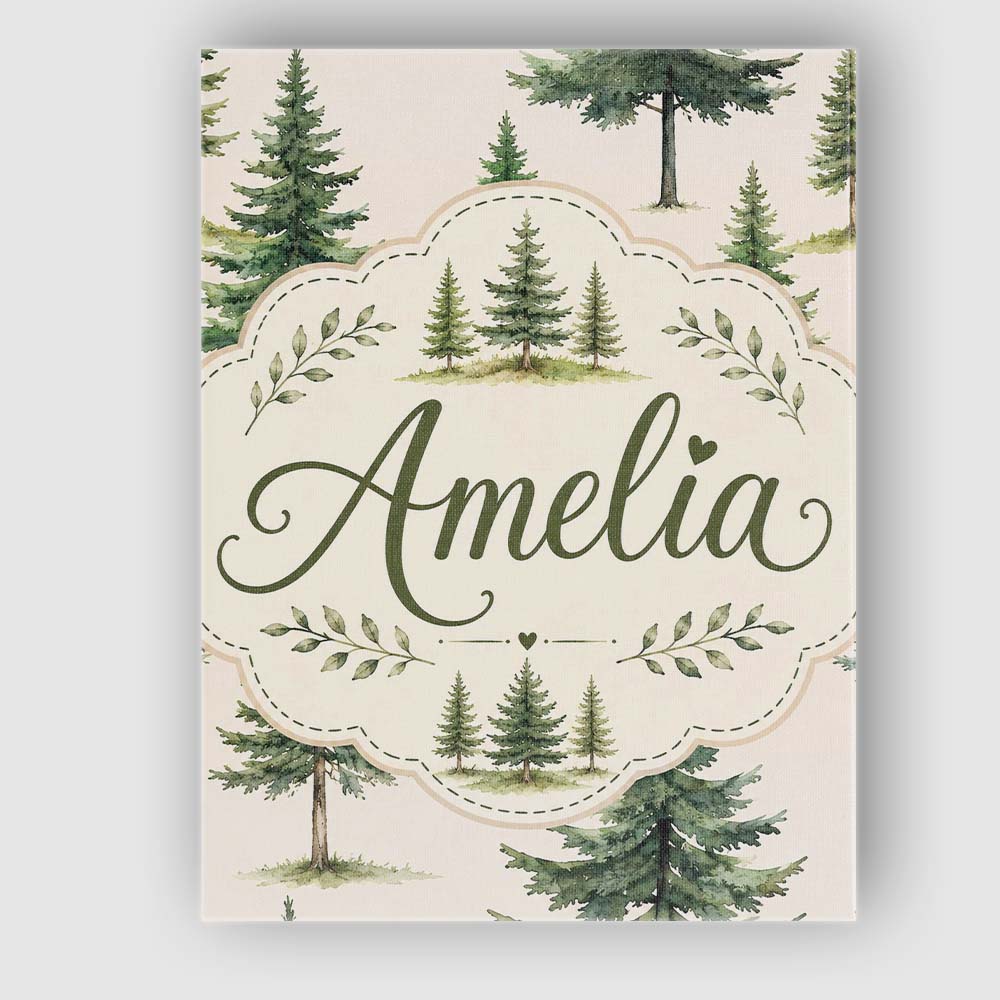 Personalised Name Watercolor Pine Tree Custom Modern Room Accent Elegant Feature Canvas Wall Art Print Decor Picture Ready to Hang