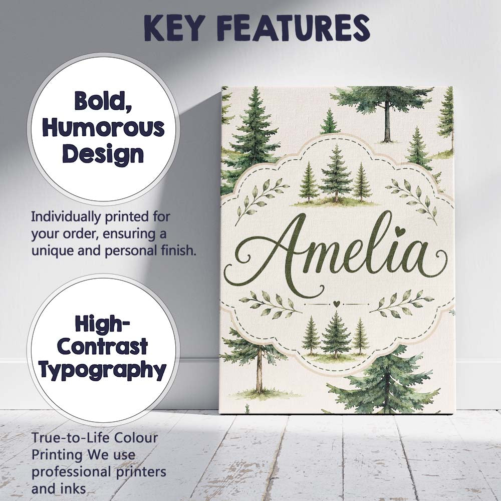 Personalised Name Watercolor Pine Tree Custom Modern Room Accent Elegant Feature Canvas Wall Art Print Decor Picture Ready to Hang