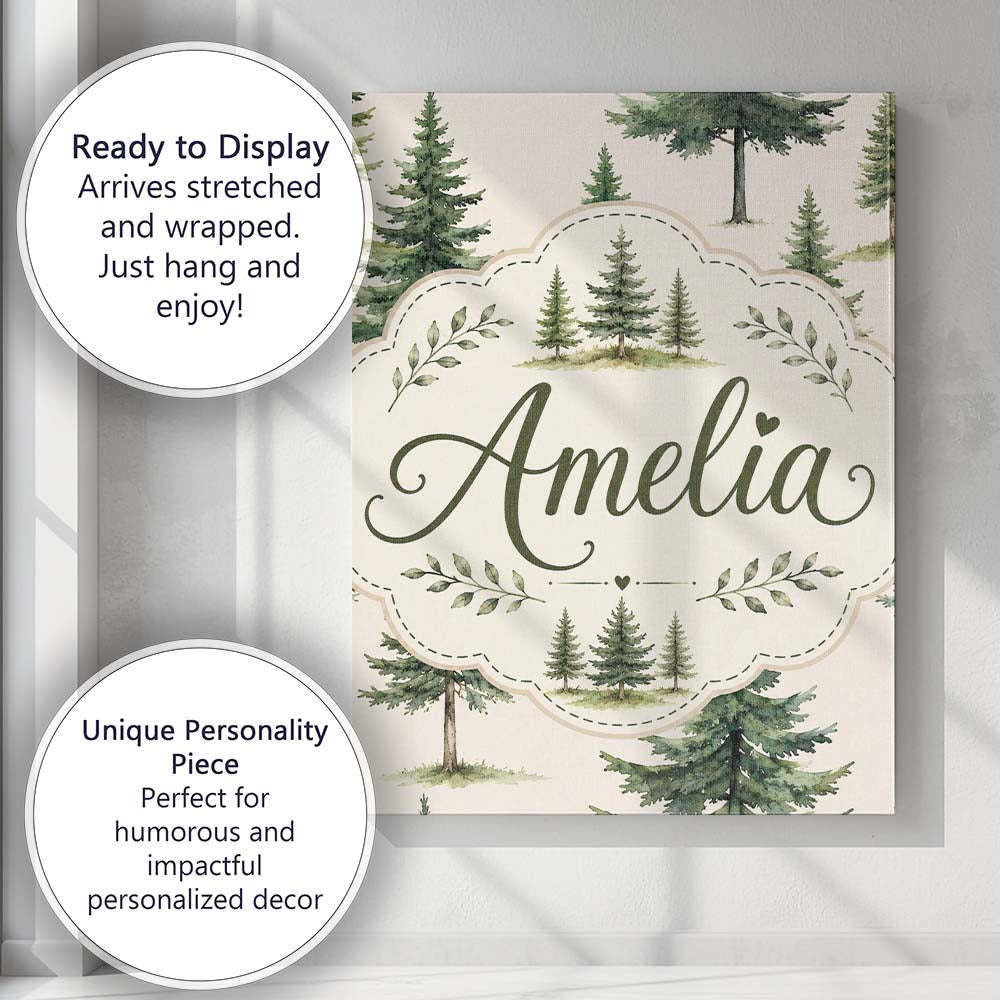 Personalised Name Watercolor Pine Tree Custom Modern Room Accent Elegant Feature Canvas Wall Art Print Decor Picture Ready to Hang