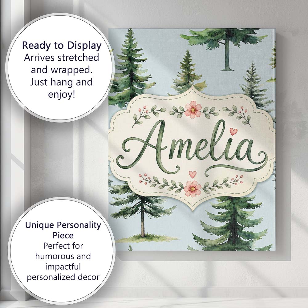 Personalised Name Watercolor Pine Tree Custom Modern Room Accent Elegant Feature Canvas Wall Art Print Decor Picture Ready to Hang