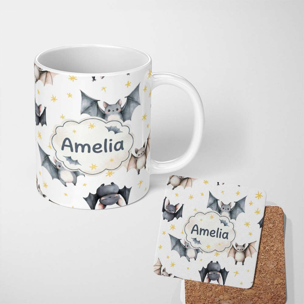 Personalized Custom Name Cute Baby Bats Flying with Stars Soft White Background Seamless 11oz Ceramic Coffee Tea Mug White Large Handle