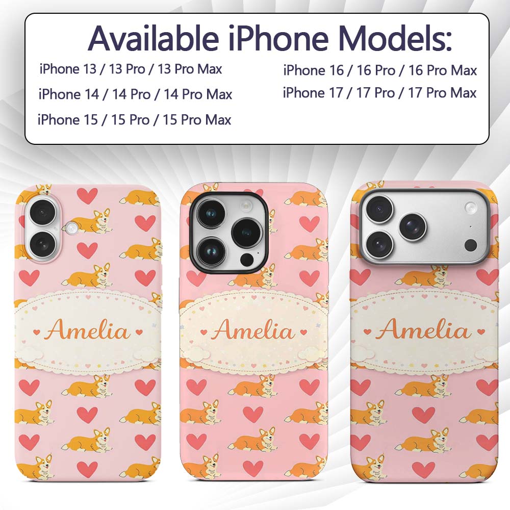 Playful Corgi Dogs Heart Seamless Printed Design Custom Name Protective Phone Case Mobile Cover Durable Everyday Smartphone Shock Resistant