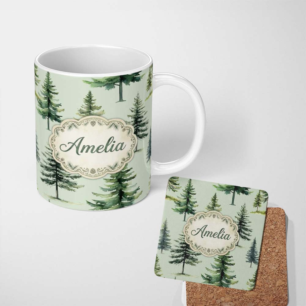 Personalized Custom Name Watercolor Pine Tree Forest Seamless Pattern Sage Green Background 11oz Ceramic Coffee Tea Mug White Large Handle