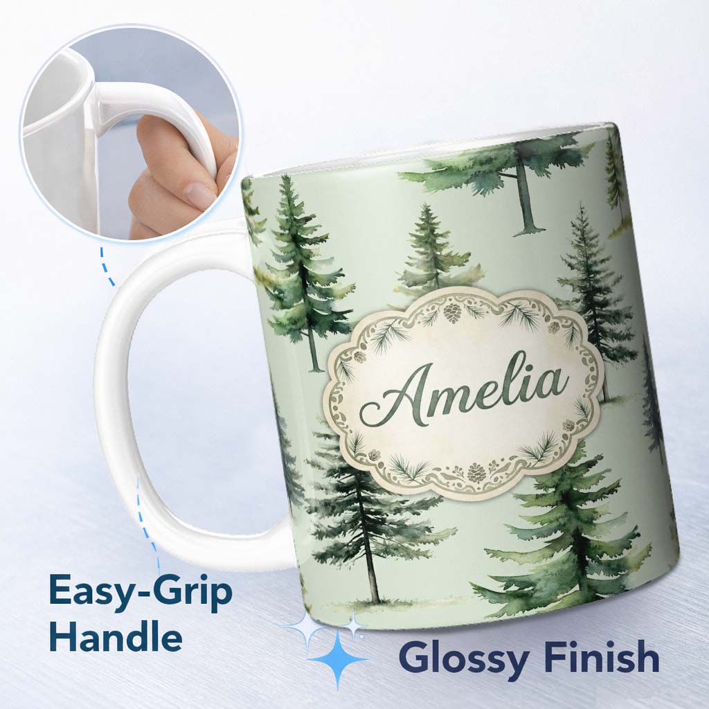 Personalized Custom Name Watercolor Pine Tree Forest Seamless Pattern Sage Green Background 11oz Ceramic Coffee Tea Mug White Large Handle