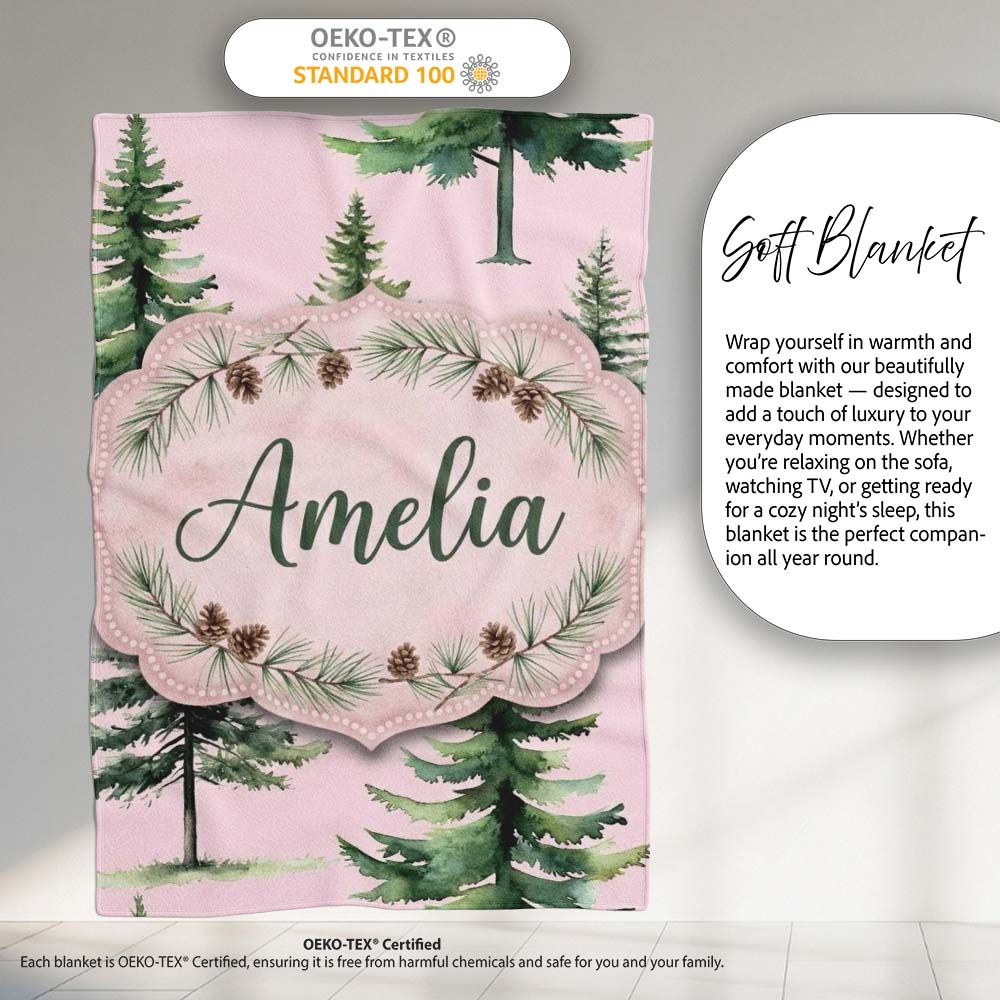 Watercolor Pine Tree Forest Seamless Pattern Blush Pink Background Personalised Custom Name Super Soft Fleece Blanket Bed Sofa Throw
