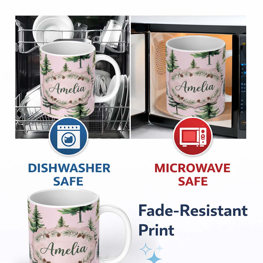 Personalized Custom Name Watercolor Pine Tree Forest Seamless Pattern Blush Pink Background 11oz Ceramic Coffee Tea Mug White Large Handle
