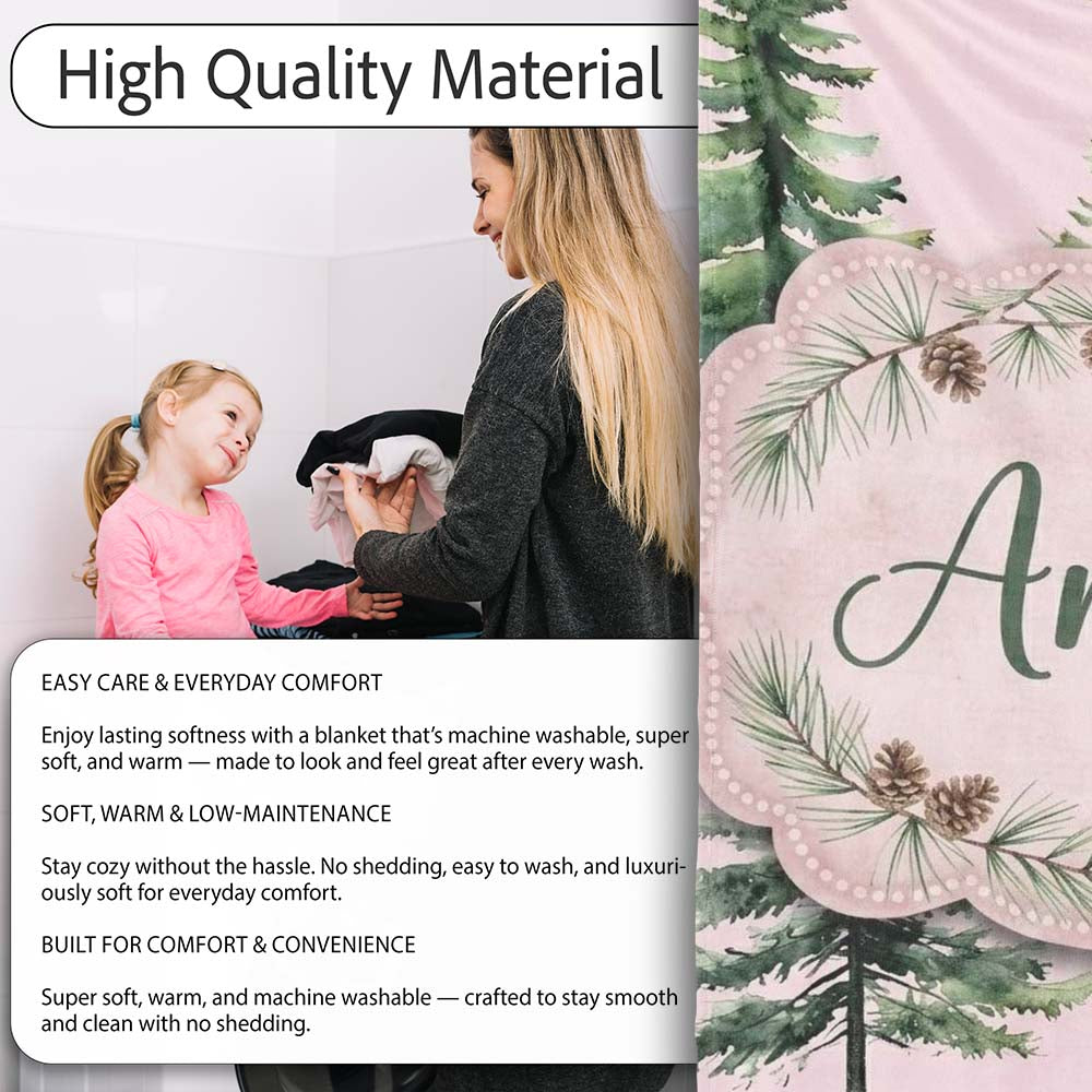 Watercolor Pine Tree Forest Seamless Pattern Blush Pink Background Personalised Custom Name Super Soft Fleece Blanket Bed Sofa Throw