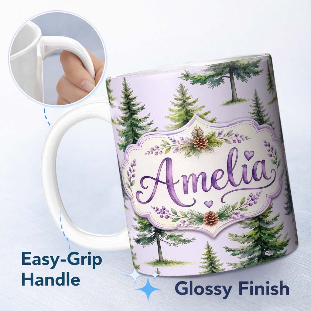Personalized Custom Name Watercolor Pine Tree Forest Seamless Pattern Lavendar Background 11oz Ceramic Coffee Tea Mug White Large Handle
