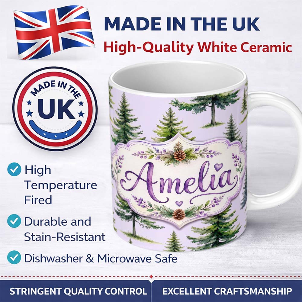 Personalized Custom Name Watercolor Pine Tree Forest Seamless Pattern Lavendar Background 11oz Ceramic Coffee Tea Mug White Large Handle