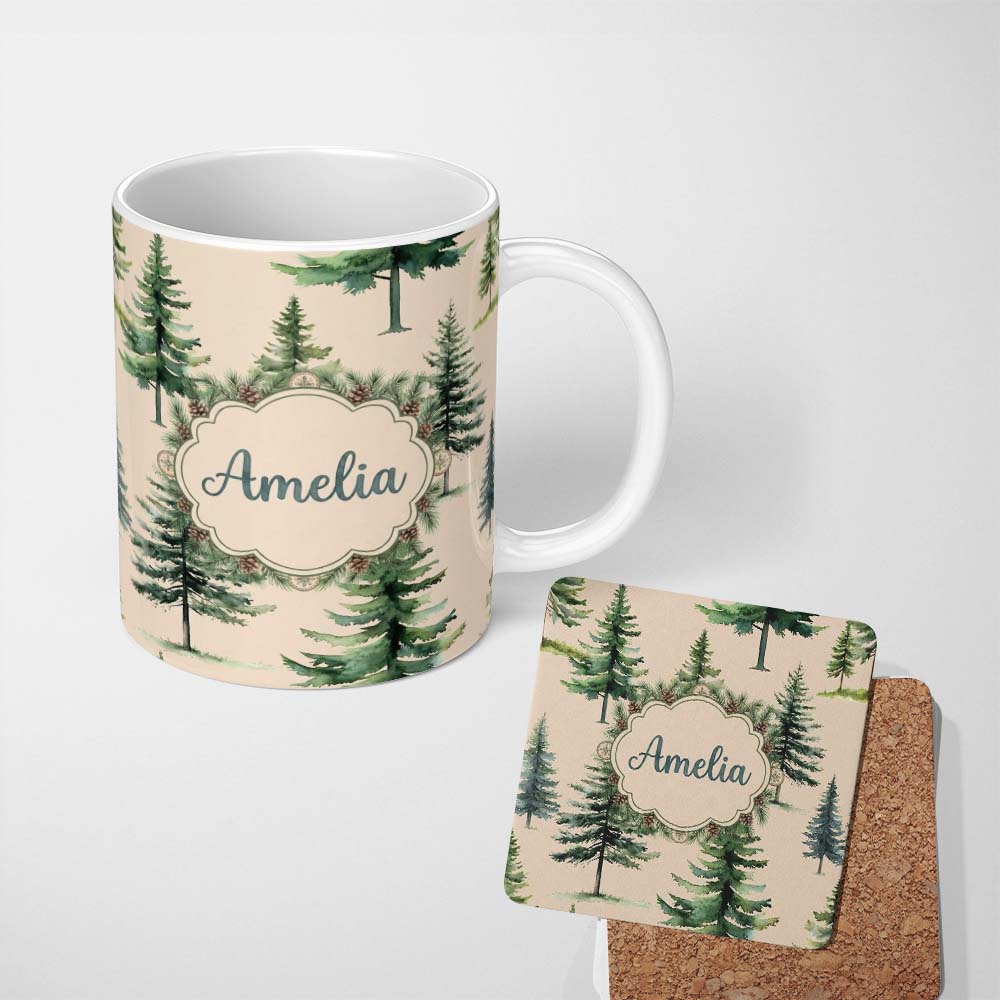 Personalized Custom Name Watercolor Pine Tree Forest Seamless Pattern Warm Background Name 11oz Ceramic Coffee Tea Mug White Large Handle