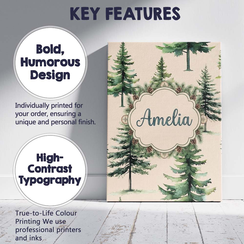 Personalised Name Watercolor Pine Tree Custom Modern Room Accent Elegant Feature Canvas Wall Art Print Decor Picture Ready to Hang
