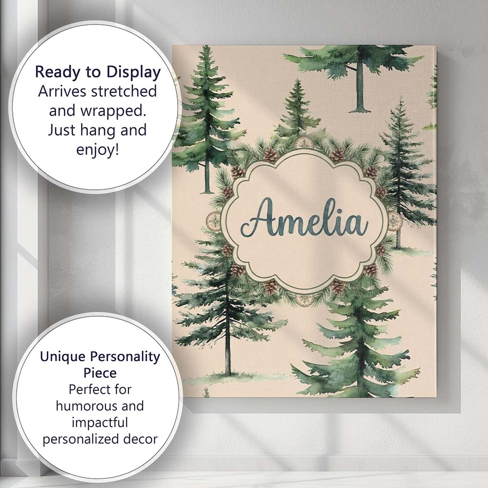 Personalised Name Watercolor Pine Tree Custom Modern Room Accent Elegant Feature Canvas Wall Art Print Decor Picture Ready to Hang
