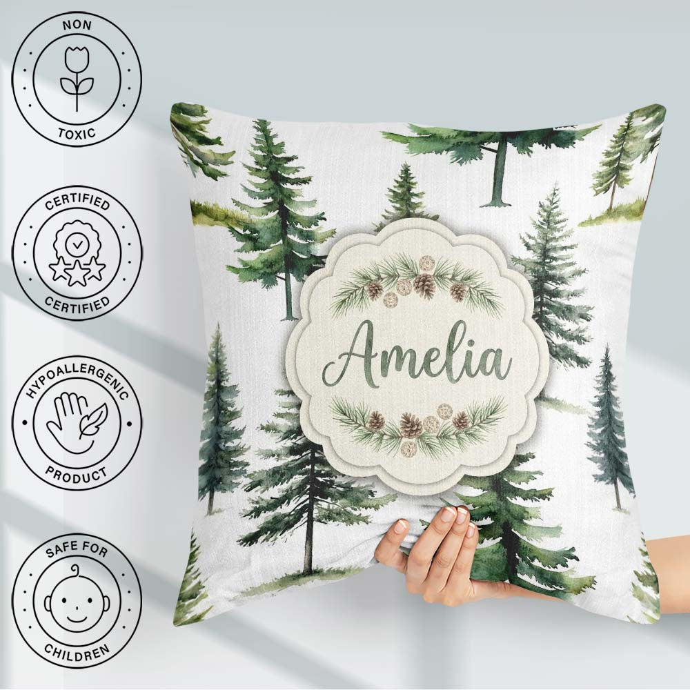 Custom Name Watercolor Pine Tree Seamless Pattern Off Background Square Filled Cushion Throw Pillow Sofa Bed Home Decor Zip Washable UK Made