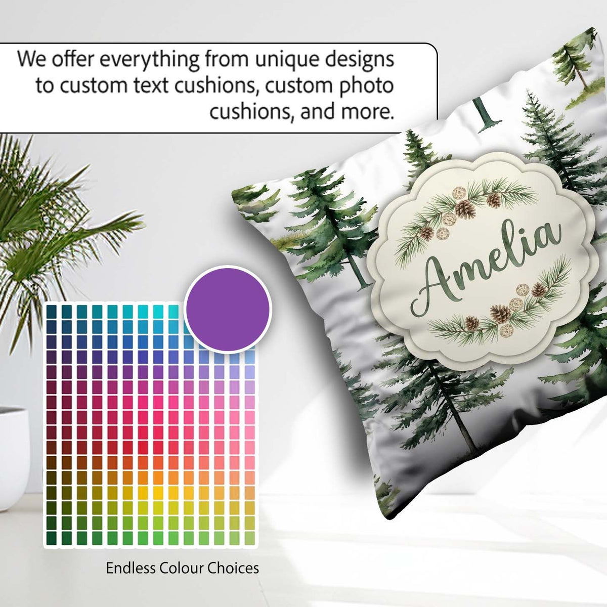 Custom Name Watercolor Pine Tree Seamless Pattern Off Background Square Filled Cushion Throw Pillow Sofa Bed Home Decor Zip Washable UK Made