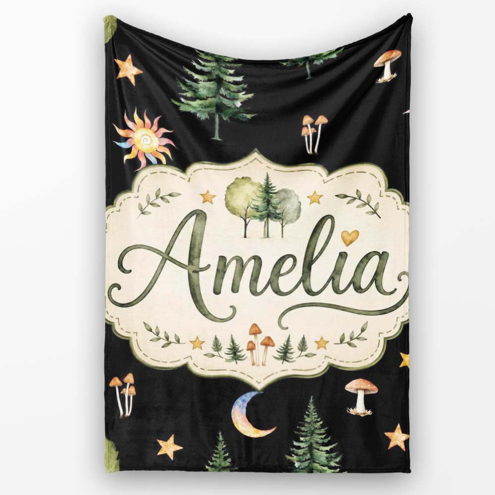 Watercolor Forest Trees Mushrooms Sun Moon Stars Seamless Pattern Personalised Custom Name Super Soft Fleece Blanket Bed Sofa Throw